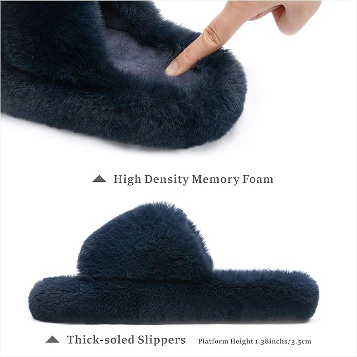 Chantomoo Women's Blue Memory Foam Faux Fur Lined Open Toe Slippers for Women - US 12