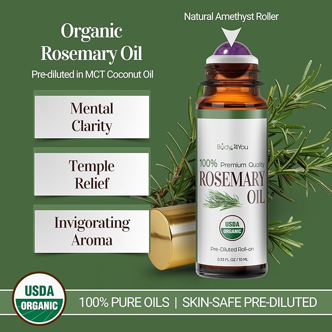 BodyJ4You Rosemary Essential Oil Roll On - Pure 100% USDA Organic MCT Coconut Oil - Natural Amethyst Stone Roller - Scalp Care Roots Temple Massage Hairline - Amber Glass Bottle Rollerball (10ml)