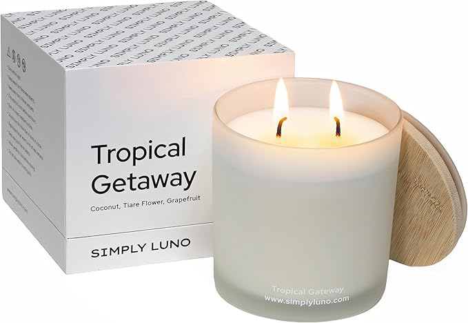 Tropical Getaway - Coconut & Grapefruit Scented Candle – 14oz Soy Wax – Fresh Candle for Home – 50+ Hour Burn – Eco Friendly Gift Box in Reusable Glass Jar with Bamboo Lid