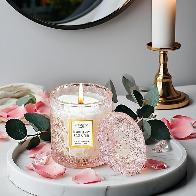 Chloefu LAN Rose Scented Candle, Oud Candle, Mothers Day Candles Gifts for Women, Pink Candles for Home Scented, 55 Hours Long Burning, 100% Natural Soy Wax