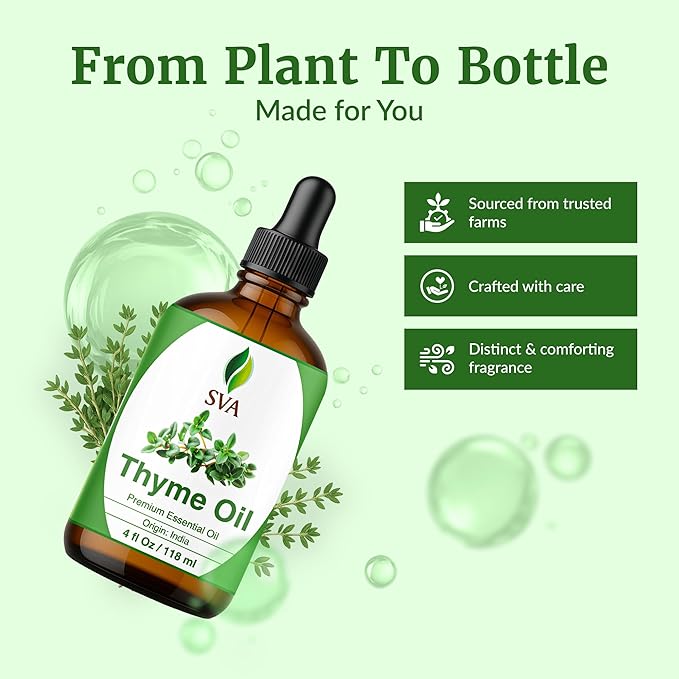 SVA Thyme Essential Oil – 4 Fl Oz – 100% Natural Thyme Oil - for Diffuser, Hair Care, Face, Skin Care, Aromatherapy, Scalp and Body Massage, Soap and Candle Making – with Dropper
