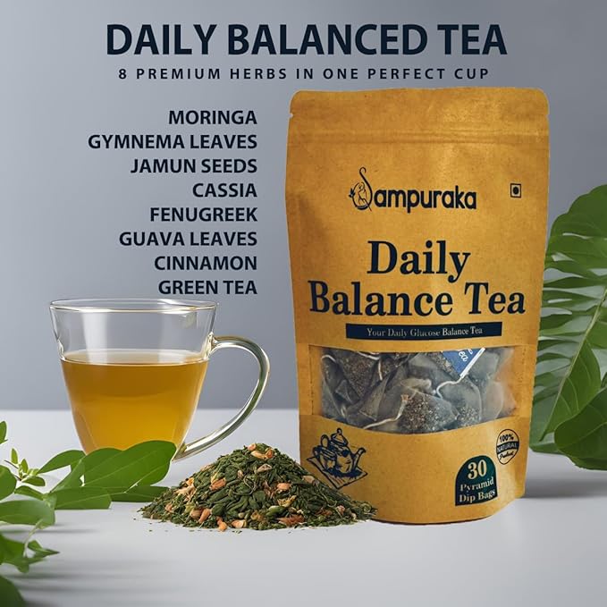 Daily Balance Tea - Natural Herbal Tea with Moringa, Gymnema, Jamun seeds, Cassia, Fenugreek, Guava leaves, Cinnamon - 30 Pyramid Tea Bags (3)