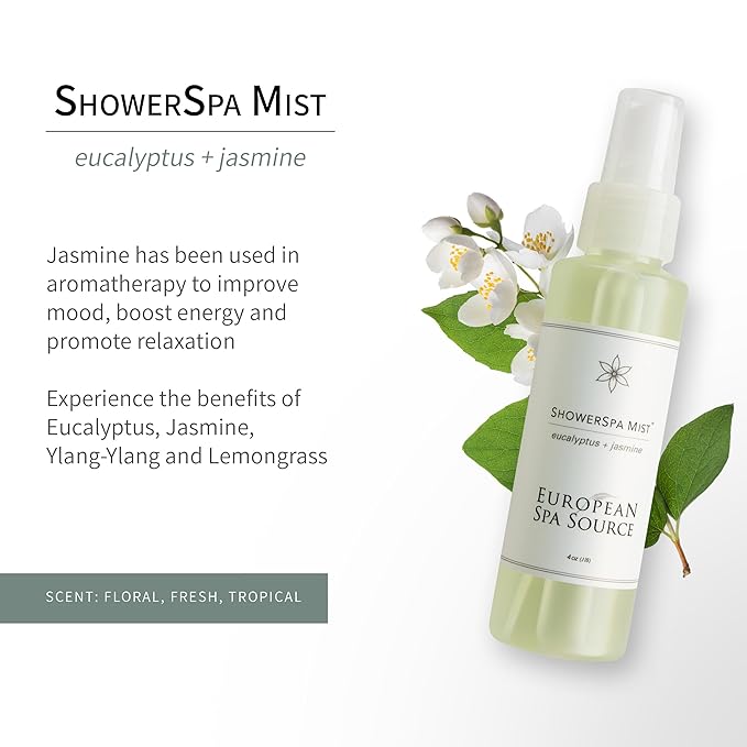European Spa Source Jasmine + Eucalyptus ShowerSpa Mist Spray for Aromatherapy, At Home Spa Experience, Sinus Congestion Relief, and Tension Relief, 4 fl oz.