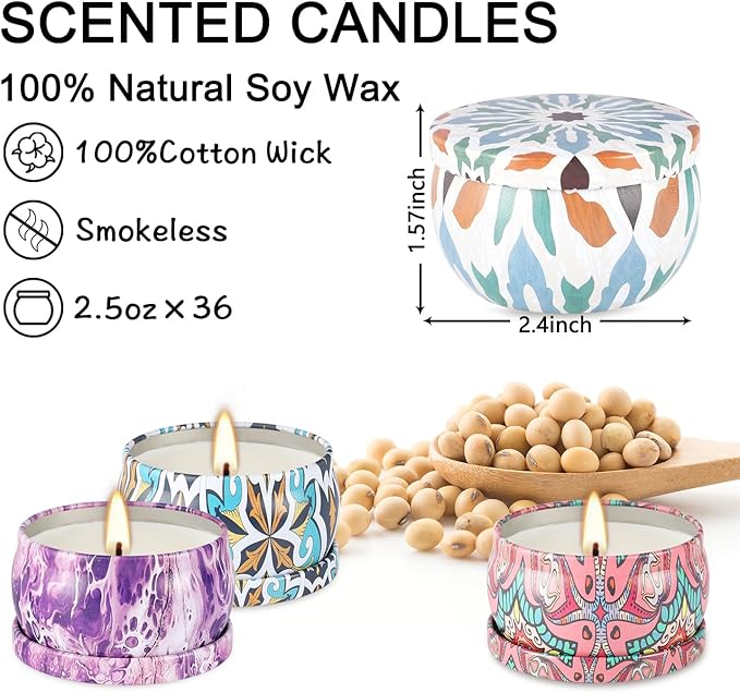 36 Pack Multicolored Scented Candles Gifts Soy Wax Travel Tin Jar Candles for Home 2.5 OZ for Mom,Christmas, Home Scented Decoration Birthday, Thanksgiving, Mother's Day(Color: Brown)