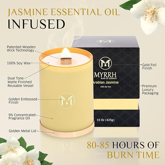 MyrrhUSA Arabian Jasmine Scented Candle – 15oz Natural Soy Wax with Crackling Wooden Wick & Essential Oil | 80 Hour Burn | Luxury Aromatherapy Candle for Relaxation, Home Décor, Living Room & Bathroom