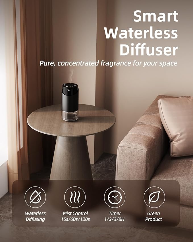 Waterless Essential Oil Diffuser Aromatherapy Scent Diffusers for Home Large Room, Car, Office, Desk, Mini Battery Operated Cordless Air Freshener, 4 Timers & 3 Mist Levels, 100ml Capacity (Black)
