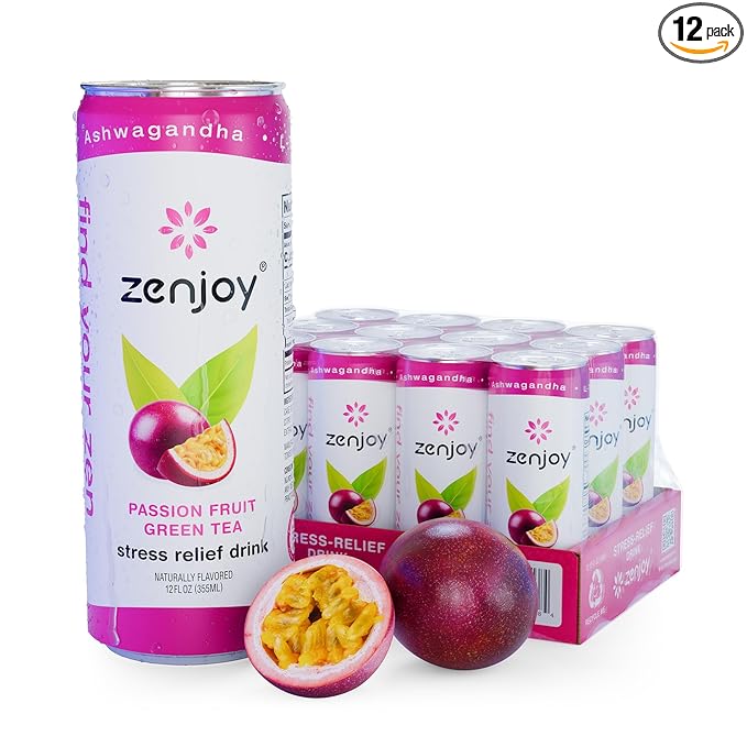 Zenjoy Stress Relief Drink, Calming Green Tea, Non Alcoholic, Ashwagandha & Lemon Balm for Stress Relief, L - Theanine for Focus (12 Pack) (Passion Fruit)