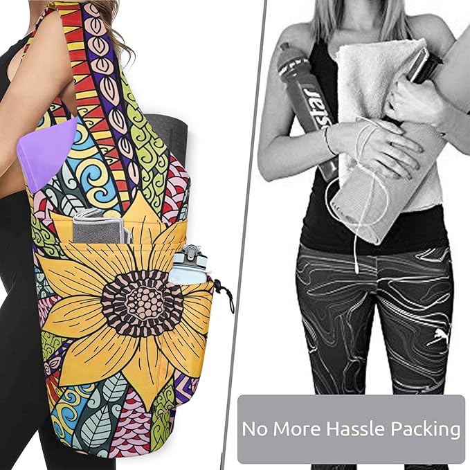 Yoga Mat Bag - Large Opening Long Tote Yoga Mat Carrier Holder Bag with Waterproof Wet Zipper Pocket and Drawstring Water Bottle Pocket - Yoga Bag Fit Most Size Mats