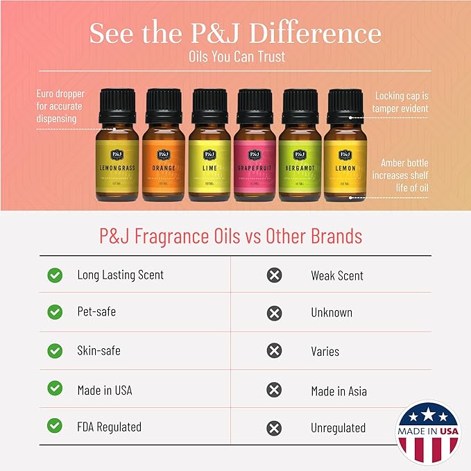 P&J Trading Citrus Set of 6 Fragrance Oils - Lemon, Lime, Orange, Bergamot, Grapefruit, Lemongrass Scents for Candle Making, Soap Making, Diffuser Oil