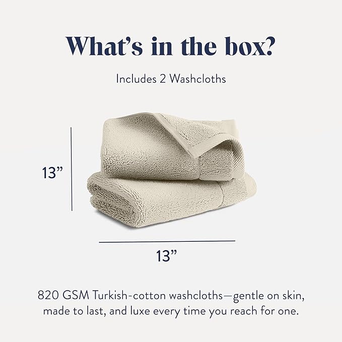 Brooklinen Super-Plush Turkish Cotton Washcloths - Set of 2 - Cotton, 820 GSM, Highly Absorbent, Machine Washable, Perfect for Home & Bathroom (13" x 13", Stone)