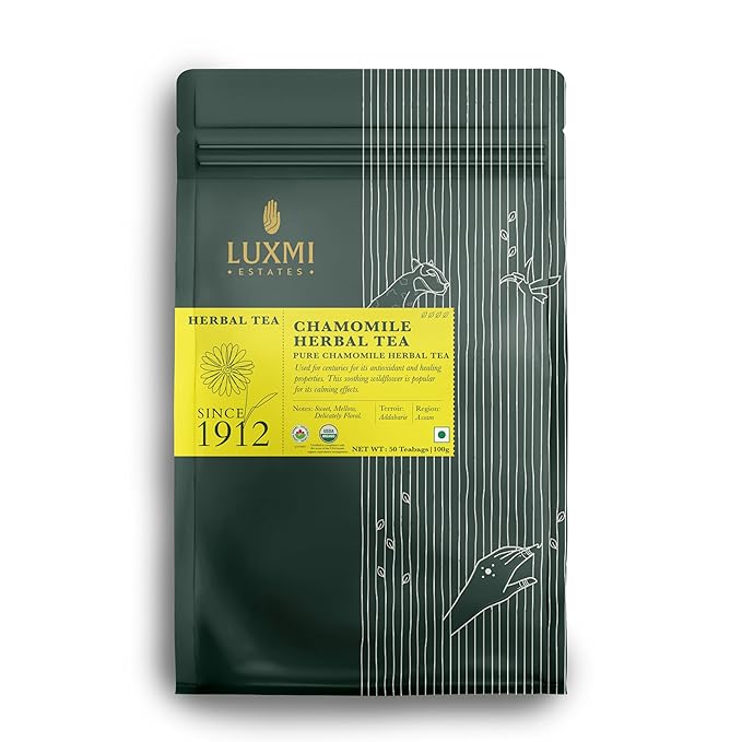 Luxmi Estates Chamomile Herbal Tea, 50 Tea Bags, Herbal Tea, Caffeine-Free, Single Ingredient Pure Chamomile, 50 Cups