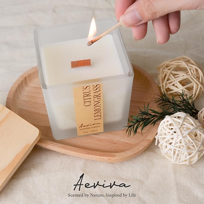 Scented Candle, 7.04 oz Citrus & Lemongrass Aromatherapy Candle, Natural Soy Wax with Wooden Wick, Candles for Home, 45 Hours Burn Time, Scented Jar Candle Gifts