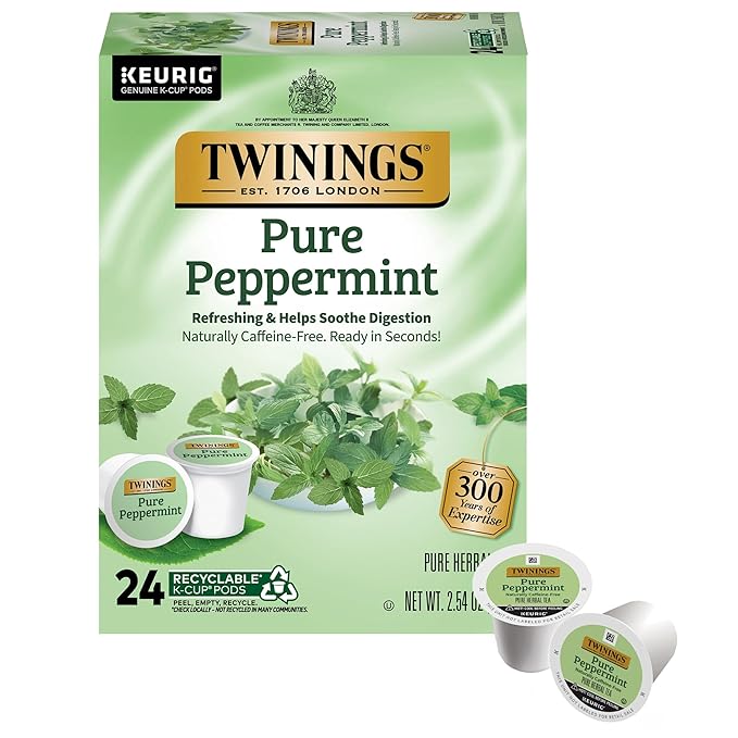 Twinings Pure Peppermint Herbal Tea K-Cup Pods for Keurig, 24 Count (Pack of 1), Made with 100% Pure Peppermint, Naturally Caffeine-Free, Enjoy Hot or Iced
