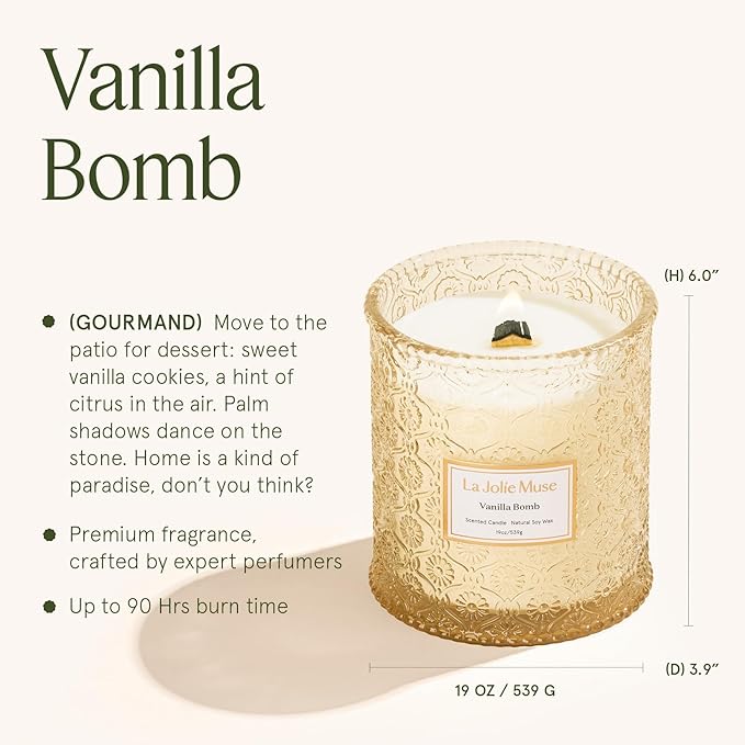 LA JOLIE MUSE Vanilla Bomb Candle| Vanilla, Lemon Zest & Patchouli |19 oz Large Wooden Wick | Natural Soy Wax | 90 Hours Clean Burn | Gift-Ready for Hosts | Seasonal Home Décor