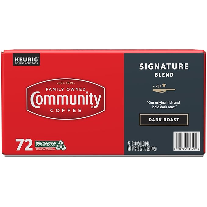 Community Coffee Signature Blend 72 Count Coffee Pods, Dark Roast, Compatible with Keurig 2.0 K-Cup Brewers, Box of 72 Pods (Pack of 1)