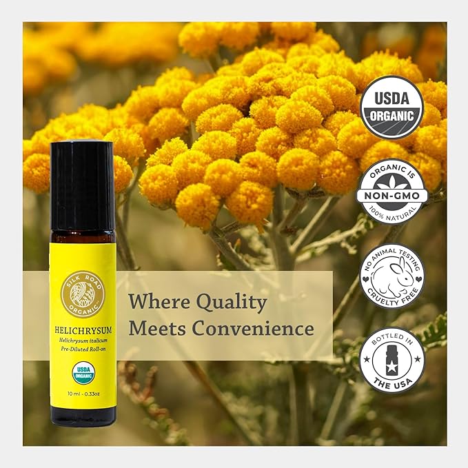 Silk Road Organic Helichrysum Italicum Essential Oil Roll on for Skin Care, Wrinkles, Scars, Bruises - USDA Certified Immortelle Oil 10ml Aromatherapy Roller - Always Pure, Always Organic