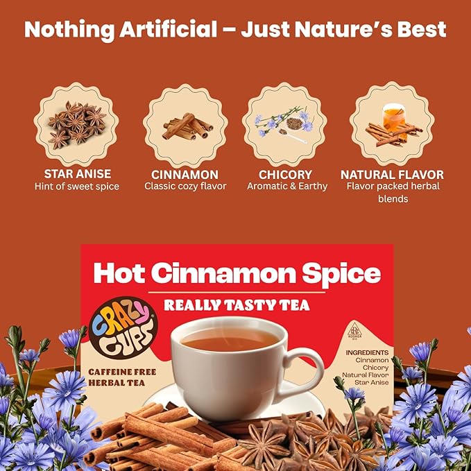 Crazy Cups Hot Cinnamon Spice Herbal Tea Pods, 22 Count | Caffeine Free, Kosher Certified, Warming Cinnamon & Star Anise Blend, K Cup Compatible Pods, Bold Spiced Flavor, Gluten Free, Vegan