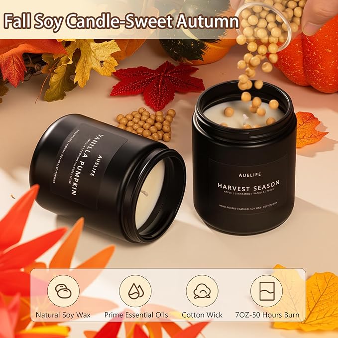Fall & Winter Holiday Candle Set – 4-Pack Cozy Soy Candles with Pumpkin Vanilla, Cinnamon Apple, Harvest Season & Maple Syrup Latte – Warm Seasonal Christmas & Birthday Gifts