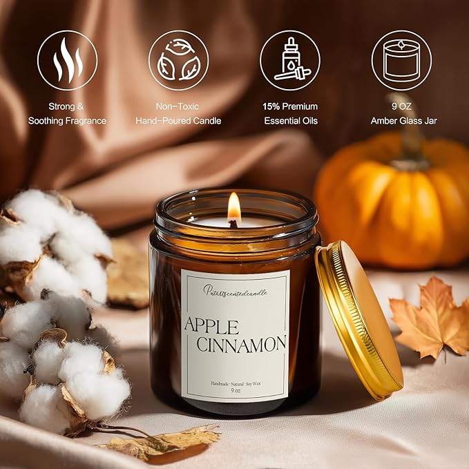 Cinnamon Apple Scented Candles for Home, Natural Soy Wax Aromatherapy Candle Gifts for Men & Women, Highly Scented & Long Lasting Non Toxic Jar Candle for Stress Relief (9oz)