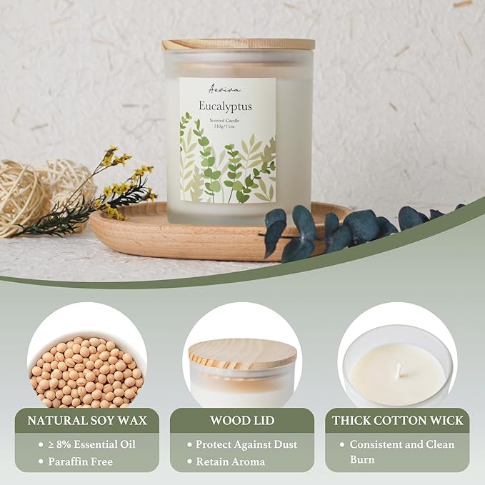 Eucalyptus Scented Candle, 11oz 60 Hour Burn, Natural Soy Wax with Thick Cotton Wick, Highly Scented Aromatherapy Candle for Stress Relief & Meditation, Gifts for Women & Men
