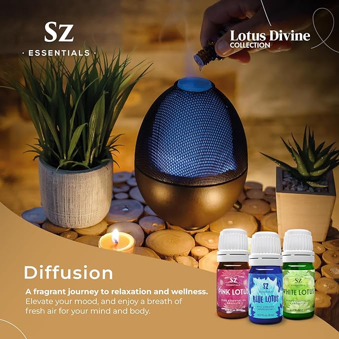 Lotus Divine Essential Oil Collection - Blue, Pink, White Lotus - Set of 3 Bottles (0.17 Fl Oz - 5ml Each) - 100% Pure, Natural & Undiluted - Therapeutic Grade & Vegan
