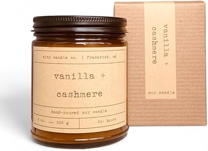 Vanilla + Cashmere Soy Candle | Vanilla, Sandalwood, Musk, Cashmere Scented | 8 oz. | 40 Hour Burn Time | Non-Toxic, Phthalate-Free, Dye-Free | Hand-Poured | Amber Jar | Cotton Wick | Made in The USA