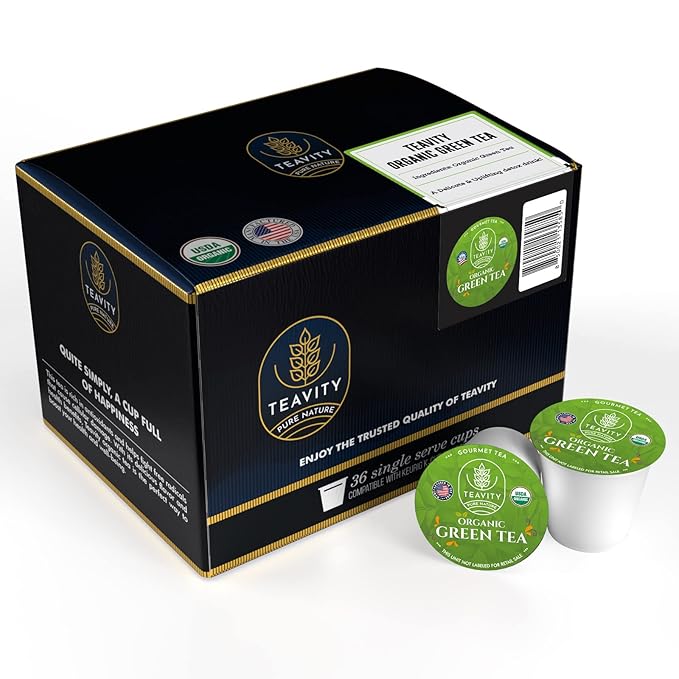 Organic Green Tea Pods for Keurig - Unsweetened Green Tea for K Cup Machines by Teavity (36 Tea Pods)