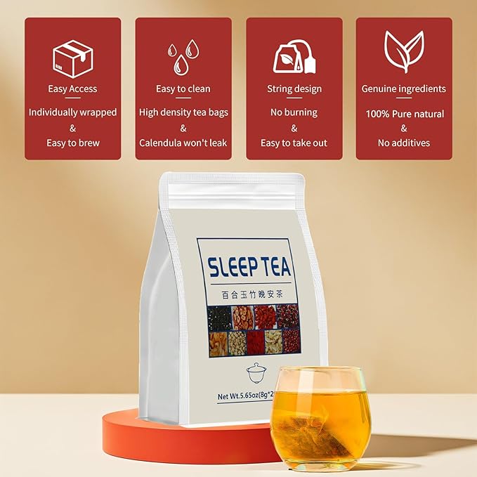 Sleep Herbal Tea - Night Time Tea for Bedtime - 20 Tea Bags with Mulberry, Red Date, Gardenia, Red Rose, Jade Bamboo, Lotus Seed, Goji Berry, Lily, Semen Ziziphi - Natural Night Sleeping Tea