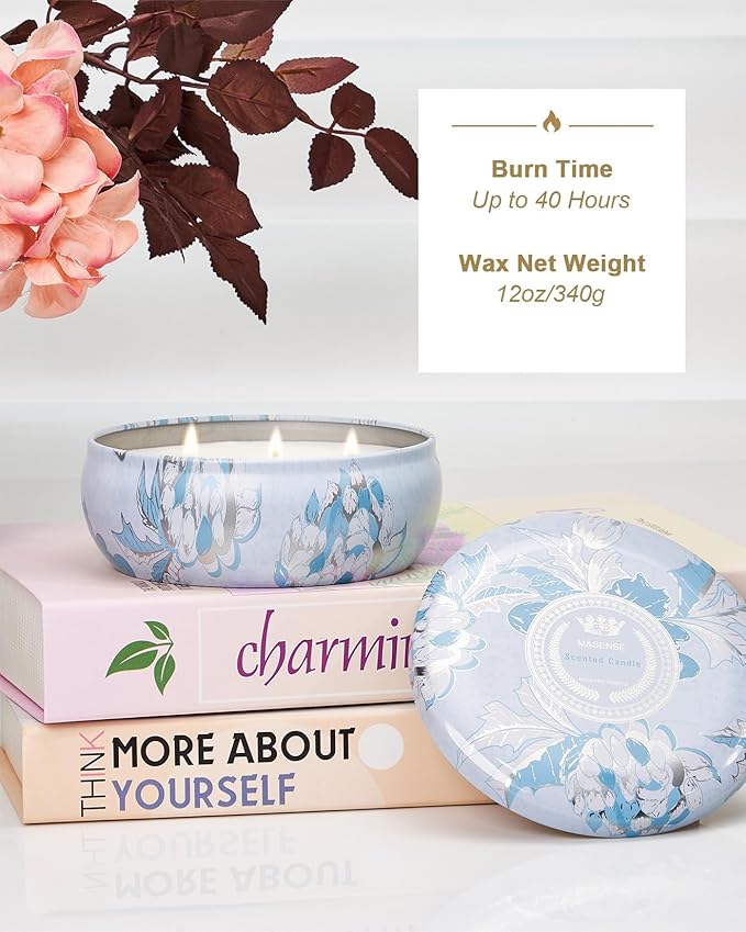 M&SENSE Ocean Waters Scented Candles Large 3 Wick Soy Tin Candle, Over 40 Hour Burning Time, 100% Natural Vegan Wax Relaxing Aromatherapy Aesthetic Candle Gift for Women Men
