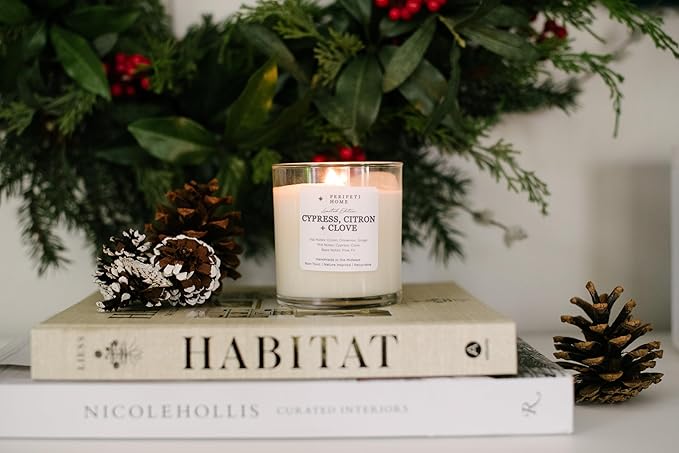 PERIPETI Home Cypress, Citron + Clove Scented Candle – 8.5oz Wooden Wick, Natural Soy Wax, Long-Lasting Burn for Cozy Holiday Aromatherapy