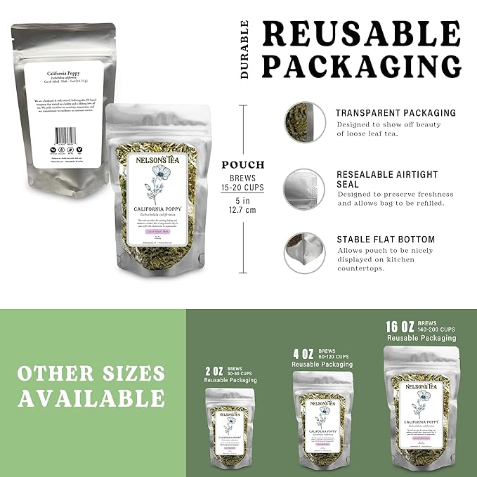 Nelson's Tea - California Poppy Cut & Sifted, Caffeine-Free Loose Leaf Tea Blend, Light Floral, Golden Poppy Flavor for Gentle Peace & Comfort, Mild Herbal Infusion Pairs Well with Mild Herbs - 2oz