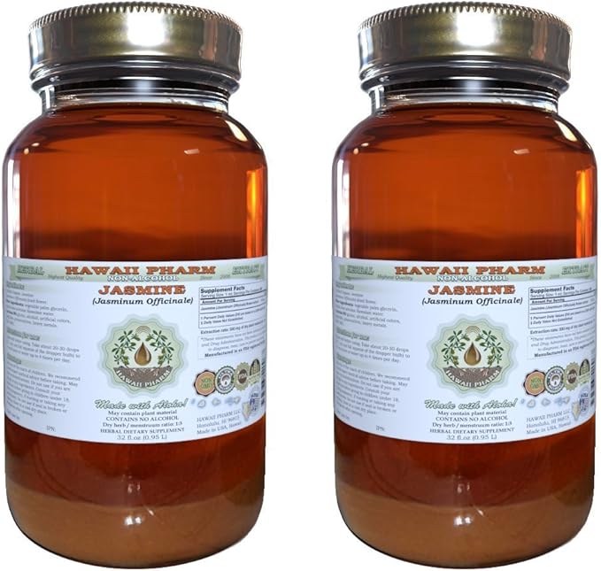 Jasmine Alcohol-Free Liquid Extract, Organic Jasmine (Jasminum officinale) Dried Flower Glycerite Hawaii Pharm Natural Herbal Supplement 2x32 oz Unfiltered