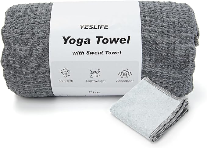 YESLIFE Non-Slip Extra Thick Hot Yoga Towel with One Sweat Towel, Microfiber Sweat Absorbent Yoga Mat Towel with Grip Dot, Pilates Mat, 72" x 24", Grey