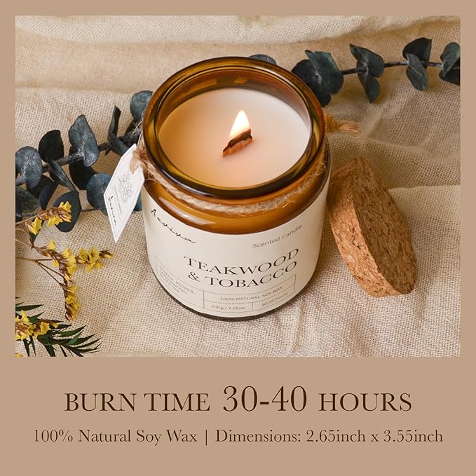 Scented Candle, 7.05 oz Teakwood Tobacco Aromatherapy Candle, Natural Soy Wax with Wooden Wick, Candles for Home Scented, Stress Relief Amber Jar Candle Gifts