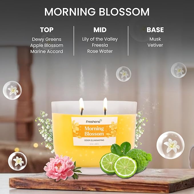 Carolina Freshens Morning Blossom Odor Eliminating Highly Fragranced Candle for Home Scented, Eliminates 90% of Pet, Smoke, Food and Other Smells Quickly, 2 Wick, 14 oz - Made in The USA