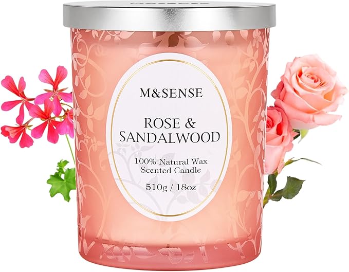 M&SENSE Rose Sandalwood Scented Candle, Cracking Wooden Wick Soy Wax, 18oz 100 Hours Long Lasting Clean Burn, Large Jar Candles for Home Decor, Non-Toxic Relaxing Aromatherapy Gifts for Women