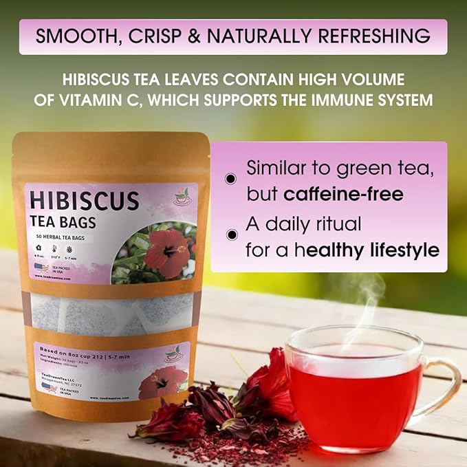 TeaDreamTea Hibiscus Tea Bags | 50 Bleach-Free Tea Bags | Caffeine Free | Dried Hibiscus Flowers | Hibiscus Flower Tea | Dried Flower Tea | Brew Hot or Iced |Herbal Hibiscus Tea