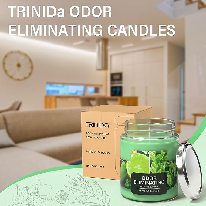 TRINIDa Lemon & Tea Tree Odor Eliminating Candles for Home Scented, Eliminates 99% of Pet, Smoke, Food and Other Smells Quickly, Highly Fragranced Candle, Premium Soy Candles Set for Women