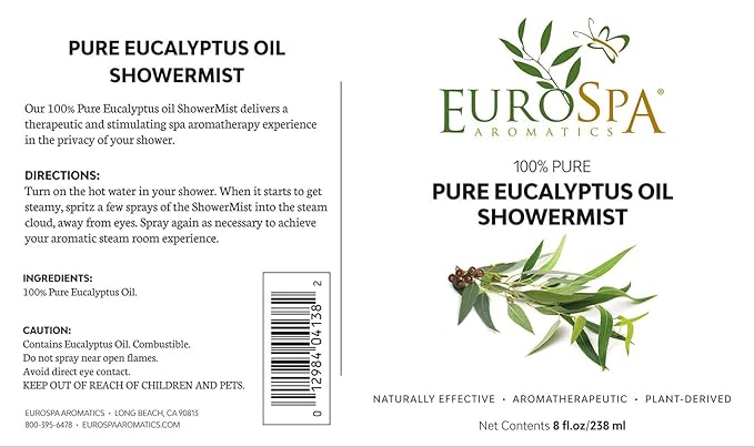 EuroSpa Aromatics Pure Eucalyptus Oil ShowerMist and Steam Room Spray, All-Natural Premium Aromatherapy Essential Oils - Pure Eucalyptus, 2oz
