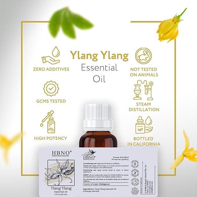 HBNO Ylang Ylang Essential Oil - 1 OZ (30 ml) Travel Size - Perfect for Aromatherapy, DIY, Candle Making, Soap Making, Diffusers
