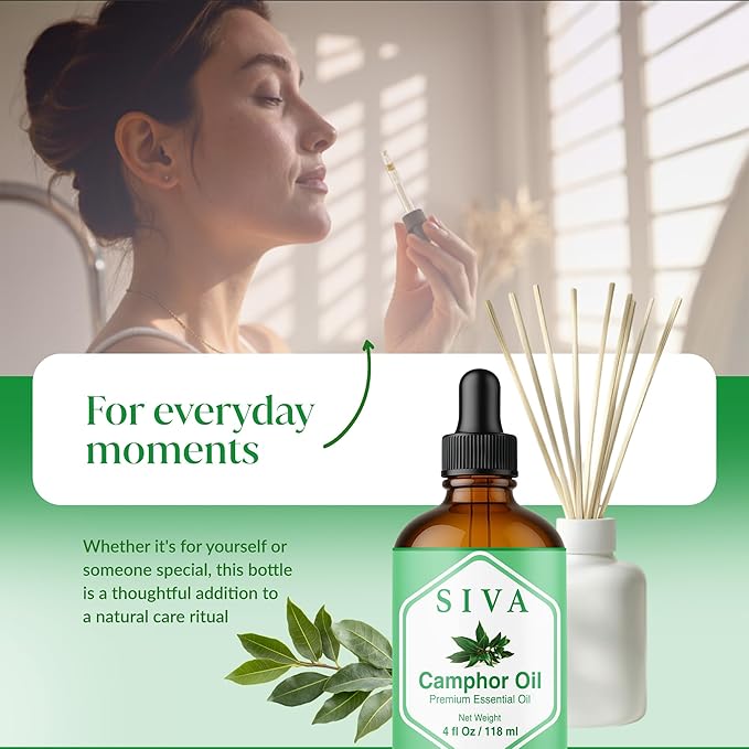 Siva Camphor Essential Oil - 4 Fl Oz – 100% Natural Camphor Oil - for Diffuser, Face, Skin Care, Aromatherapy, Hair Care, Scalp and Body Massage - with Dropper