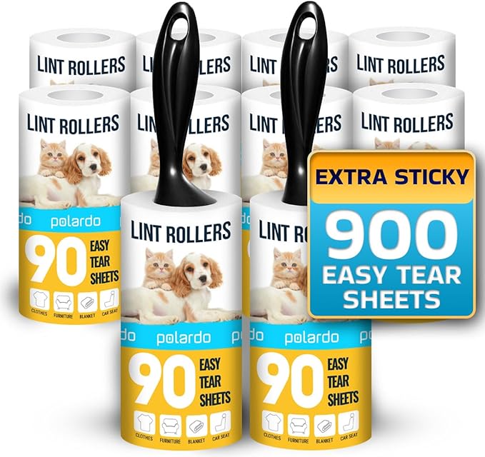 Lint Rollers 2 pcs, 900 Sticky Sheets, Extra 8 Spare Rollers/Hair Remover for Clothes, Furniture, Couch, Carpet, Dog Hair Remover, Cat Hair Remover, Animal Fur, Fuzz