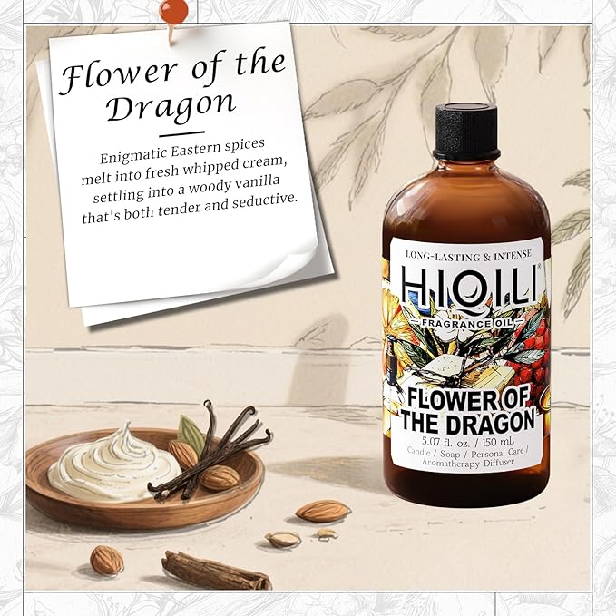 HIQILI Flower of The Dragon Fragrance Oil for Diffuser, Inspired by Td.Orient Fiore-deDrago, Candle, Soap, Perfume & Linen Spray Making, Vanilla Cream Scent, Long-Lasting Aroma - 5.07 Fl Oz