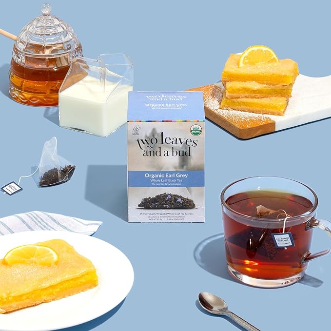 Two Leaves and a Bud Organic Earl Grey Tea Bags, Whole Leaf Caffeinated Black Tea in Compostable Sachets, Caffeinated Black Tea Flavored with Bergamot, Add Milk and Sugar, 15 Count (Pack of 1)