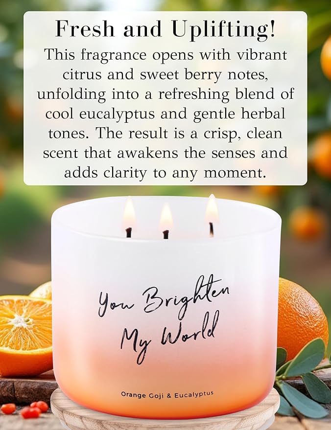 Orange Goji Berry & Eucalyptus 3-Wick Soy Scented Candle, 15.8 oz Large | Scented Candles for Home | Citrus Eucalyptus Aromatherapy Candle | “You Brighten My World” Quote