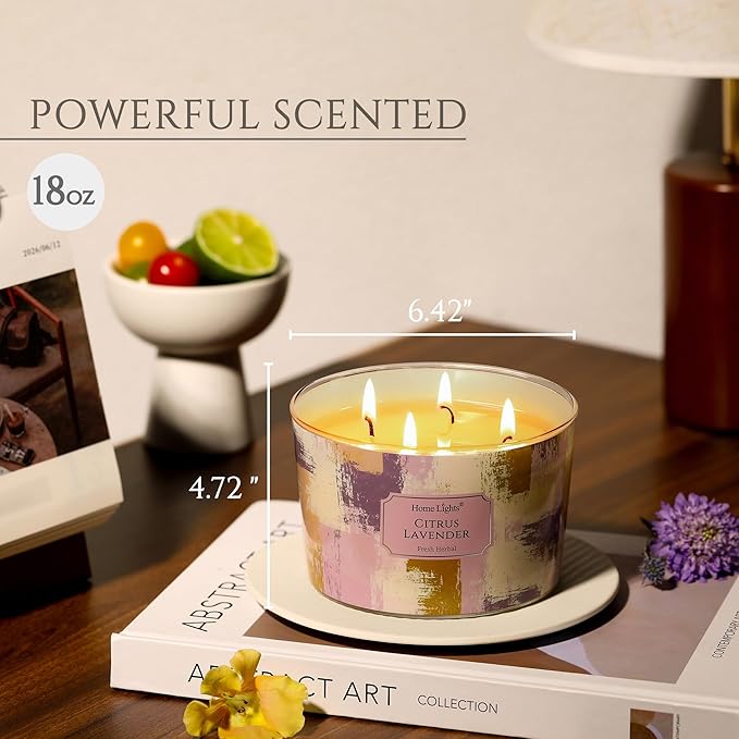 HomeLights Citrus Lavender Scented Candles | 18oz Soy Candles Scandinavian Minimalist Design 4-Wick Large Candle Jars | Ideal Candle Gifts for Events, Home Decor Stress, Relief & Relaxation