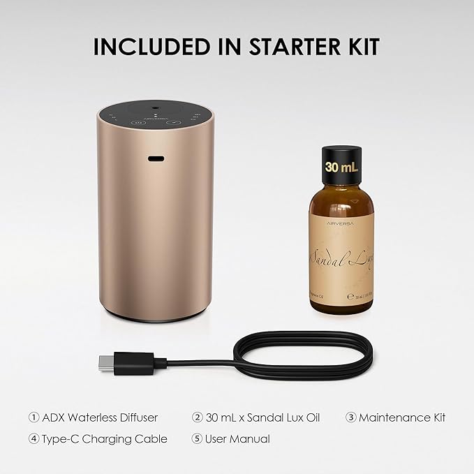 Airversa Waterless Essential Oil Diffuser Starter Kit with 30mL Sandal Lux Fragrance Oil for Car Home Office,Premium Aluminum Housing, Aroma Nebulizer Baterry Operated, ADX Kit Desert Titanium