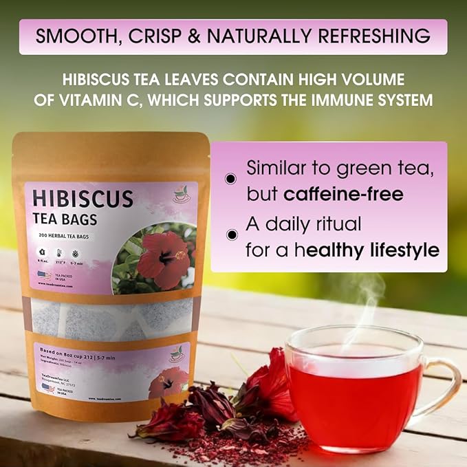 TeaDreamTea Hibiscus Tea Bags 200 Bleach-Free Tea Bags Caffeine Free Dried Hibiscus Flowers Hibiscus Flower Tea Dried Flower Tea Brew Hot or Iced Herbal Hibiscus Tea, 200 Count (Pack of 1)