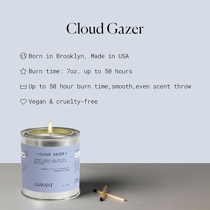 The New Savant Scented Candle - Cloud Gazer - Aesthetic Candle for Home, Lavender, Vanilla, Earl Grey Tea & Cedarwood, Soy Wax Blend, Vegan & Cruelty-Free, 50-Hour Burn Time - 7oz