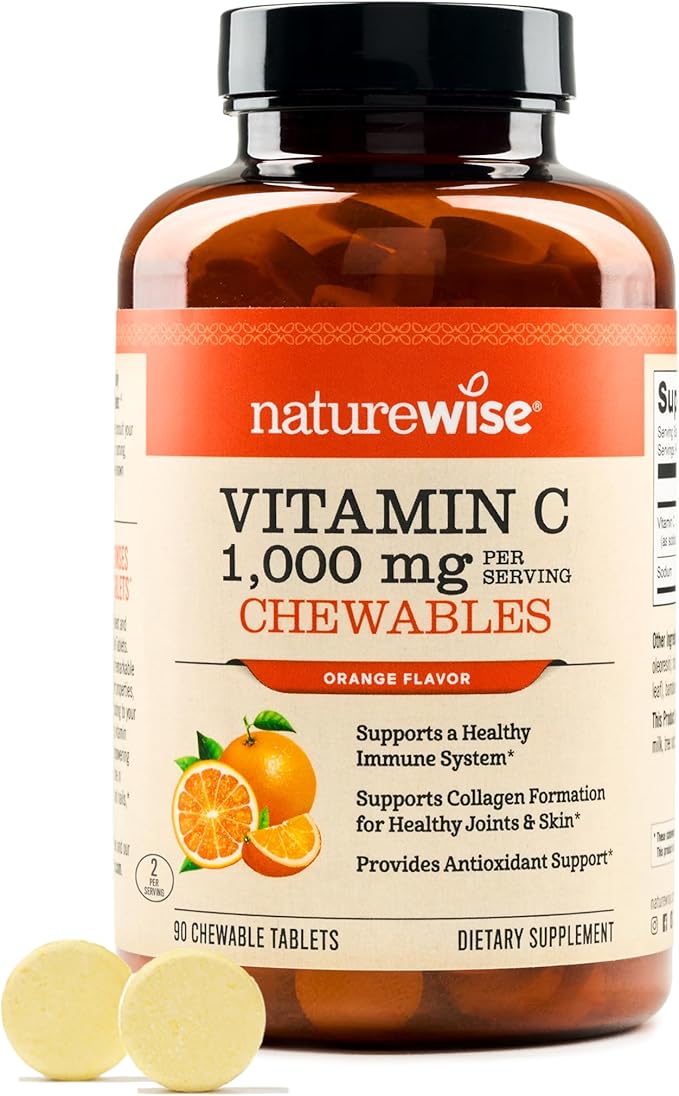 NatureWise Extra Strength Vitamin C Chewable 1000mg for Adults - Natural Orange Flavor - Immune System & Antioxidant Support - Non-GMO, Vegan & Sugar Free - 90 Chewable Tablets[45-Day Supply]